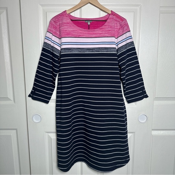Talbots Womens Summer Dress Large Blue Pink Striped Casual Shift Cotton Beach - Picture 1 of 13